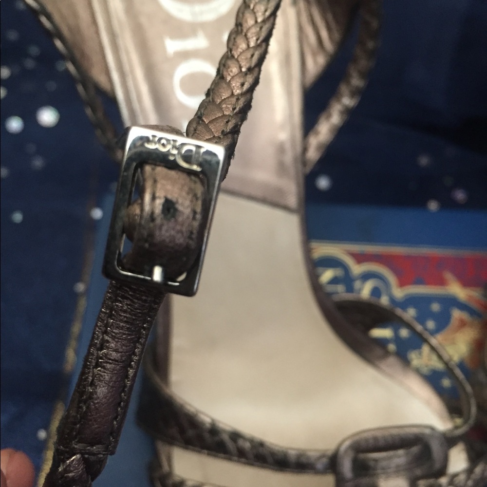DIOR METALLIC PEWTER VTG GREEK BRAIDED LEATHER WEDGE Heels GORG LUX 7 $ FIRM - Picture 5 of 6